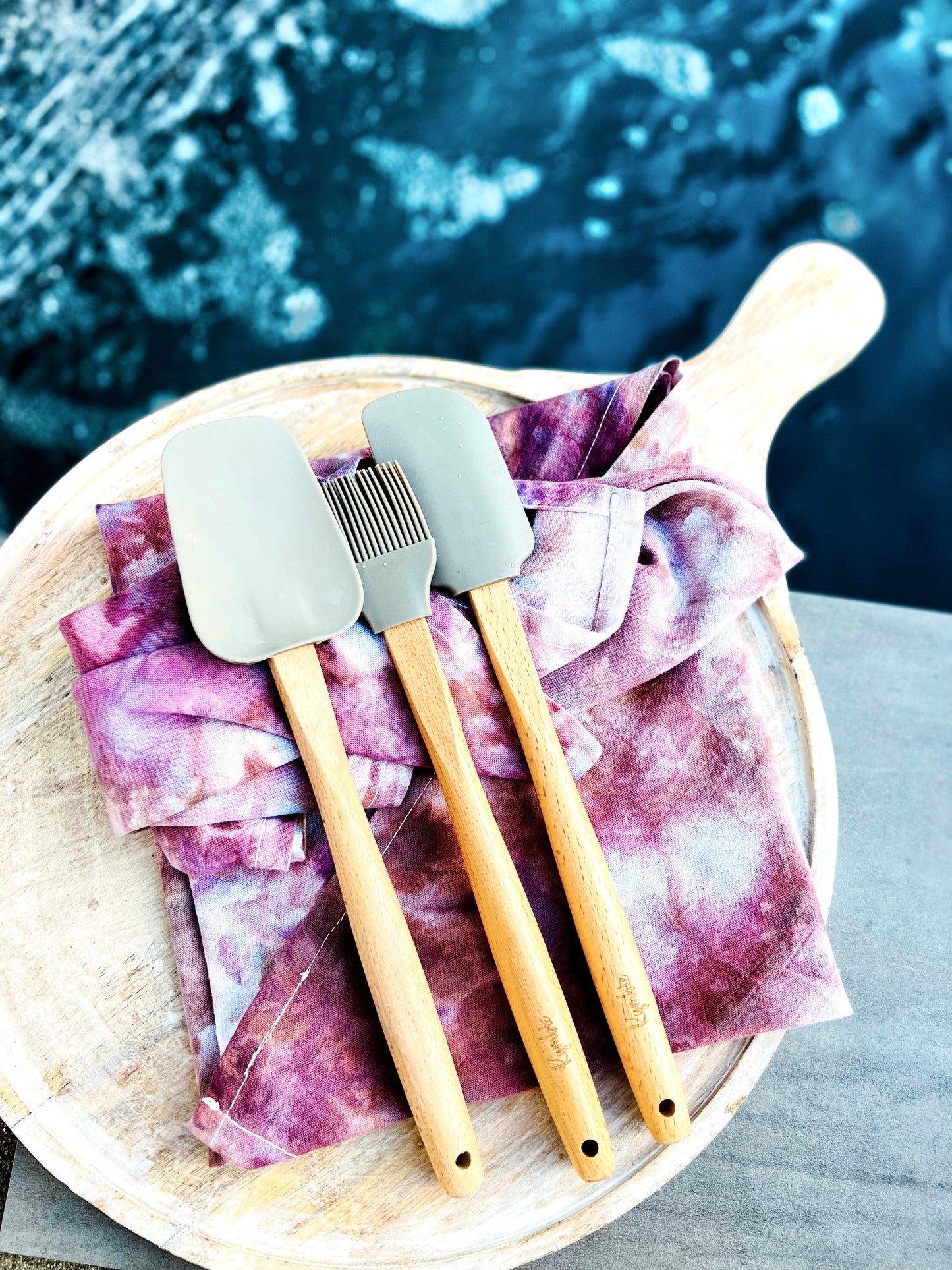 Bakerista x Vulcan + Ice Exclusive: Pair of Ice Dyed Kitchen Towels + 3-piece Neutral Aesthetic Spatula Set