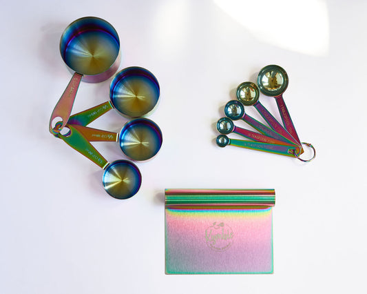 Kymbie® Iridescent Rainbow Set: Measuring Cups, Measuring Spoons and Cake Scraper